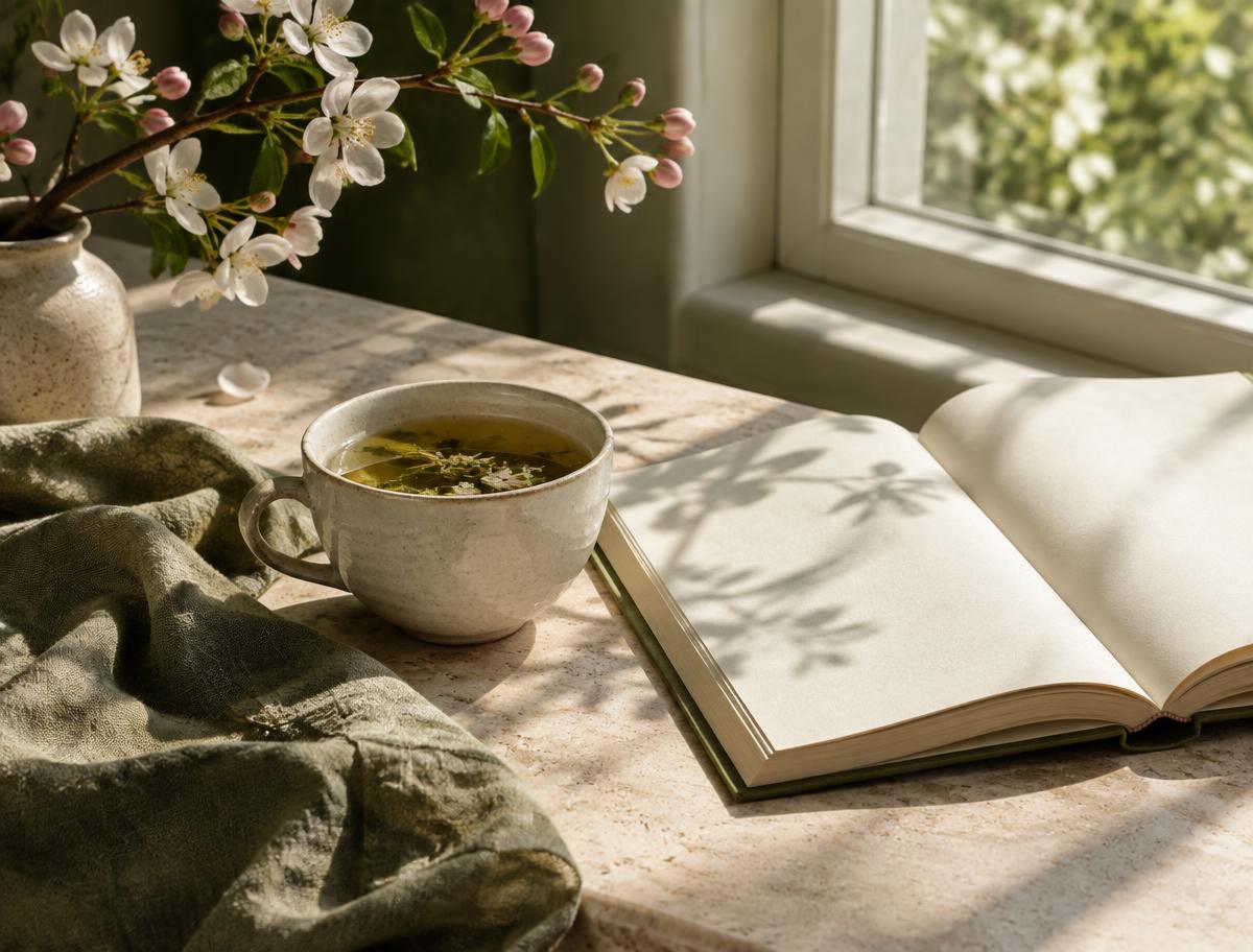 A quiet morning with tea and an open book